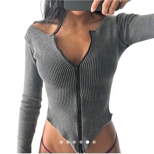 Briellé Ribbed Double Zip Round neck Corset Top Long Sleeves in Grey